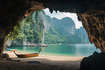 a boat is sitting in the middle of a cave