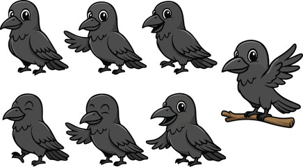 vector illustration crow raven bird black funny cute cartoon mascot character cartoon with 7 poses