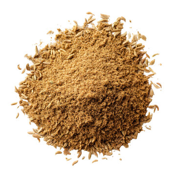 Ground cumin spice seeds brown powder culinary herb isolated on transparent background, perfect cutout, PNG