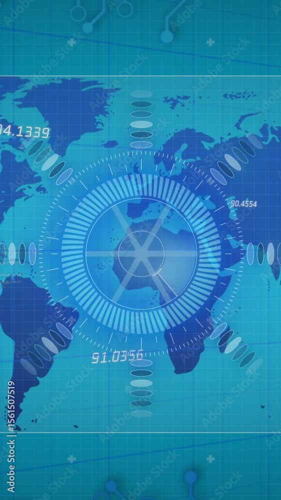 Poster animation of scope scanning with numbers changing over world map on blue background