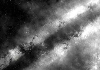 Grayscale cosmic nebula, streaked with light, scattered stars