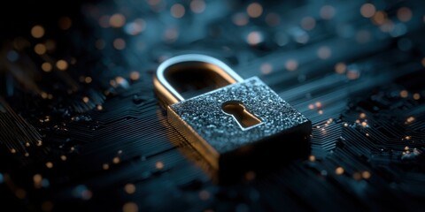 Close-up of a locked padlock on electronic circuit board with digital security concept.