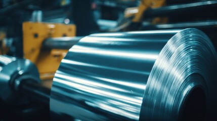 Fototapeta premium Industrial metal coil being processed with machinery in factory setting for manufacturing.