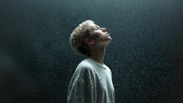 A serene figure stands still in a torrent of swirling mist and rain, embodying tranquility in the face of nature's fury. This captivating moment captures resilience and introspection.