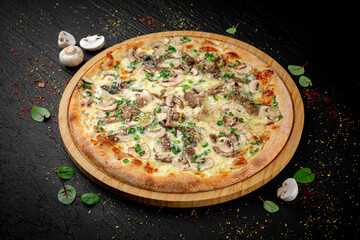 Juicy appetizing pizza with mushrooms on a dark black background. Hot melted cheese, golden crust, and rich toppings styled in a minimal yet delicious presentation.