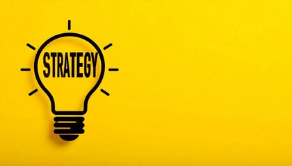 Strategy text in a glowing lightbulb icon on bright yellow background for business creativity and innovation, graphic design with copy space for text, left aligned