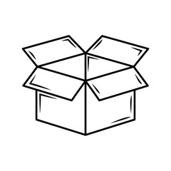 Simple line art open cardboard box icon for shipping and packaging
