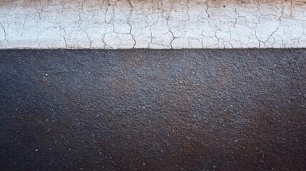 Close up view of a wall with cracked paint, displaying a contrasting texture between the smooth upper surface and the rough lower section, creating an abstract design.