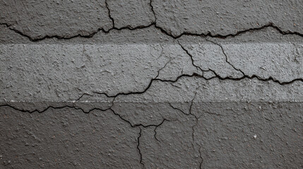 Cracks traverse across the aged asphalt surface marked with a faded white line suggesting wear and tear indicative of time and environmental elements here.