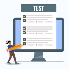 Business woman marks on test document at computer screen with giant pencil. Online test concept. Flat vector illustration