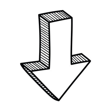 Hand drawn 3d arrow pointing downwards with black outline and hatching shading