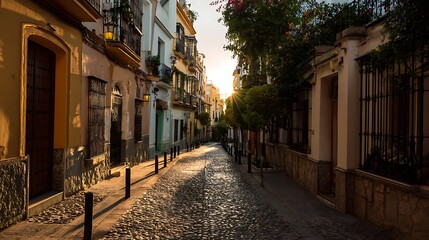Fototapeta premium Serene sunrise on cobblestone street in Madrid Spain with soft golden light casting long shadows, highlighting old buildings and creating tranquil urban scene with empty foreground for design