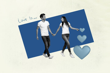 Composite image art photo collage of two happy girl guy celebrate valentine day heart postcard...