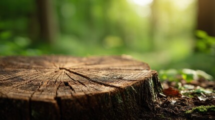 Obraz premium Close-up of a weathered tree stump on forest floor with lush green background.