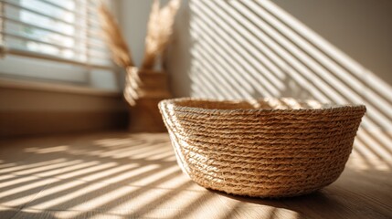 Fototapeta premium Cozy woven basket on wooden surface with sunlight and shadows indoor decor.