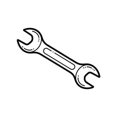 Simple black and white line drawing of an open ended wrench on a white background