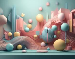 Pastel colored geometric shapes floating on clean background, 3D abstract