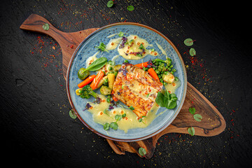 Baked salmon fillet served with a mix of vegetables on a dark background. Healthy gourmet dish.