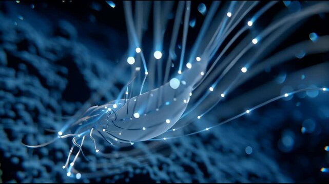 A blue and white image of a squid with a glowing blue tail