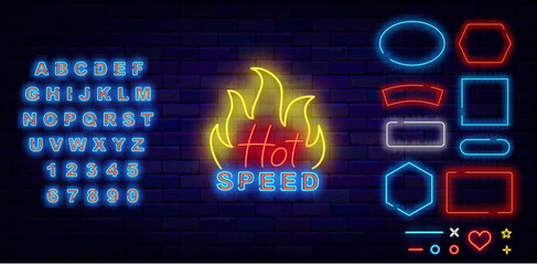 Hot speed neon emblem with fire. Auto rally. Geometric borders set. Drift show. Vector stock illustration