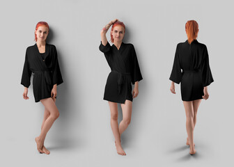 Mockup of black silk robe on red-haired girl in full height, front, side, back view, isolated on...