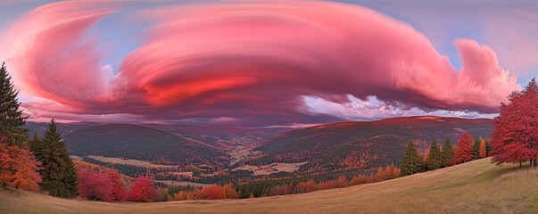 Panoramic view of a mountain valley at sunrise, with vibrant pink clouds and colorful autumn foliage