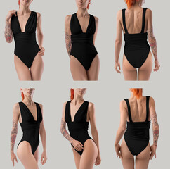 Mockup of black monokini on redhead girl with tattoo, swimsuit set, one piece, side view, front,...