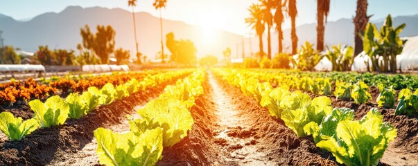 Sun-drenched farm rows of vibrant lettuce and other crops
