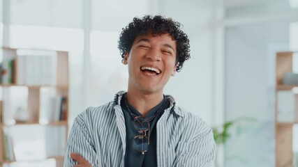 Face, business and man with arms crossed, funny and confident personality with humor. Portrait, happy person and employee with graphic designer, laugh or smile with creative skills or career ambition