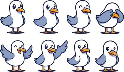 Fototapeta premium vector illustration of seagull bird funny cute cartoon mascot character cartoon with 8 poses 01