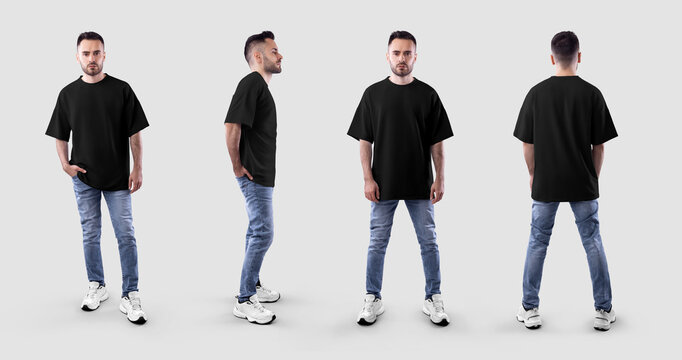 Template of black t-shirt on bearded guy in full height, front, side, back view, for design, pattern print, branding, advertising. Set