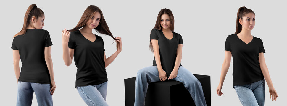 Mockup of a black v-neck t-shirt on a girl, front, side, back view, sitting on a cube, isolated on a background. Set