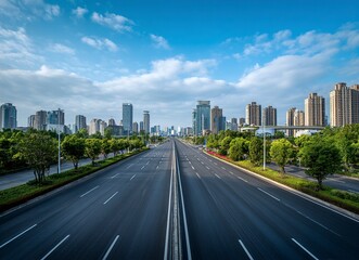 High-speed highway, an asphalt road with trees and buildings in the background. The wide-open plain is empty of cars on an early summer day. In the front view, white lines mark the right side for driv