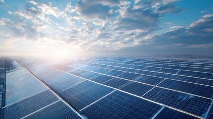 Wide Angle View of Solar Panel Array Under Bright Sky with Cloud Cover at Sunset.