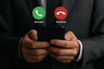 A person holding a smartphone with accept and decline call options.
