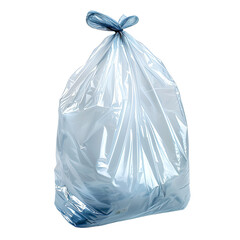 A large translucent blue garbage bag tied at the top
