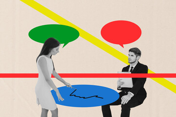 Zine banner art full photo collage of two happy businesswoman businessman speak together bubble...