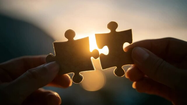 Two hands hold puzzle pieces against glowing sunset. Symbol of connection, harmony. Fitting together life. Teamwork, relationships, problem-solving. Team work concept. Sun light sky.