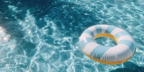 Long inflatable swimming ring floating on clear blue water in summer outdoor pool.