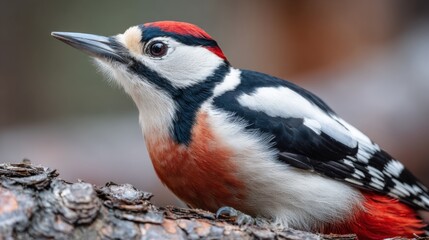 Close-up of a detailed beautiful woodpecker with vibrant red black and white plumage perched on a tree trunk.