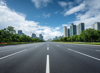 Fototapeta premium High-speed highway, an asphalt road with trees and buildings in the background. The wide-open plain is empty of cars on an early summer day. In the front view, white lines mark the right side for driv