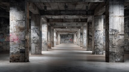Obraz premium Long abandoned concrete tunnel with graffiti walls and repeating structural columns.
