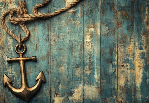 Rustic wooden background with antique anchor and rope. - Powered by Adobe