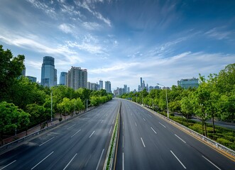 High-speed highway, an asphalt road with trees and buildings in the background. The wide-open plain is empty of cars on an early summer day. In the front view, white lines mark the right side for driv