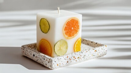Decorative square candle with embedded citrus fruit slices on speckled tray against light background.