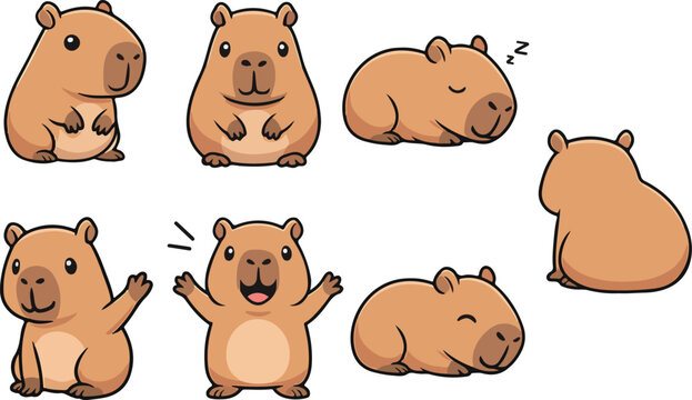 vector illustration of capybara funny cute cartoon mascot character cartoon with 7 poses 