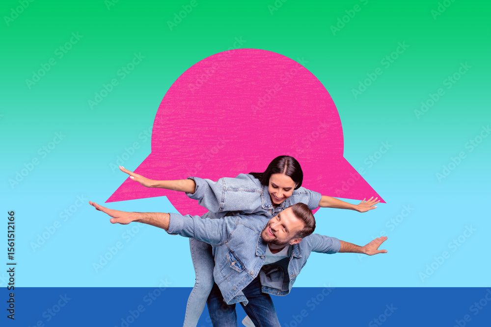 Poster full image 3d poster art collage of happy girl guy stand bubble communication chatterbox speech icon
