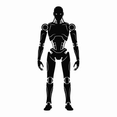 Full body silhouette of a futuristic humanoid robot standing against a white background