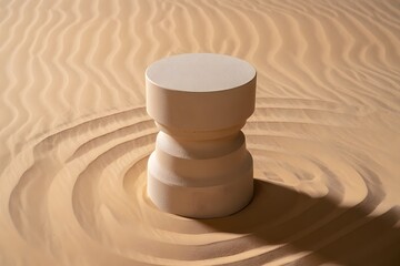 Cream-colored pedestal on swirling sand dune; minimalist desert product display; serene, elegant mood.