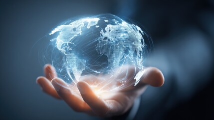 Futuristic digital globe hologram in hand representing global technology development.
